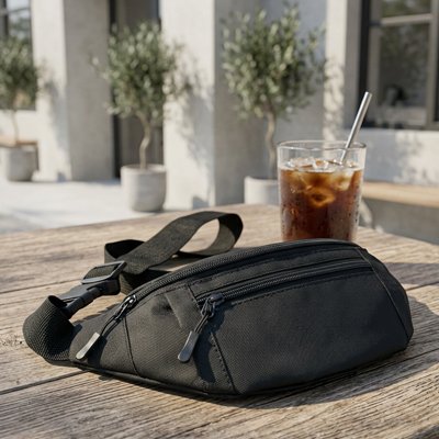 sac banane homme reposant sur une table extérieure