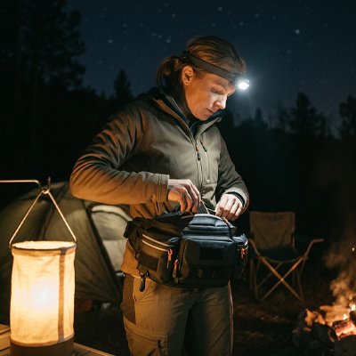sac banane noir femme la nuit en bivouac