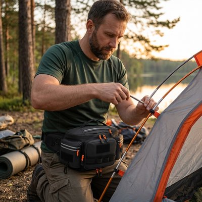 sac banane noir homme qui fixe son bivouac