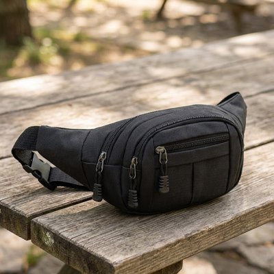 sac banane noire reposant sur un banc extérieur
