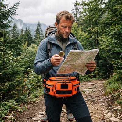 sac banane orange homme qui regarde sa carte 