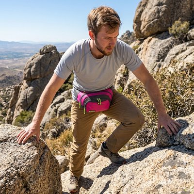 sac banane rouge homme qui fait de l'escalade