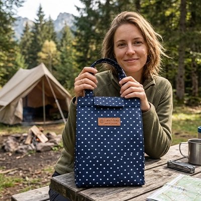 Sac isotherme repas bleu à pois blancs