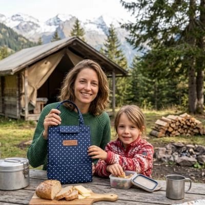 Sac isotherme repas femme avec sa fille en camping