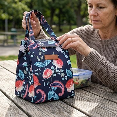 Sac isotherme repas motif fleuri femme en camping