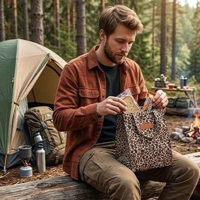 Sac isotherme repas motif léopard homme en camping
