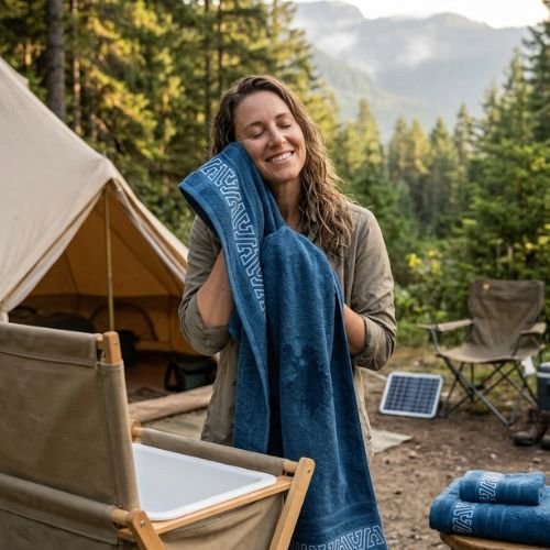 serviette de bain femme en camping qui se sèche