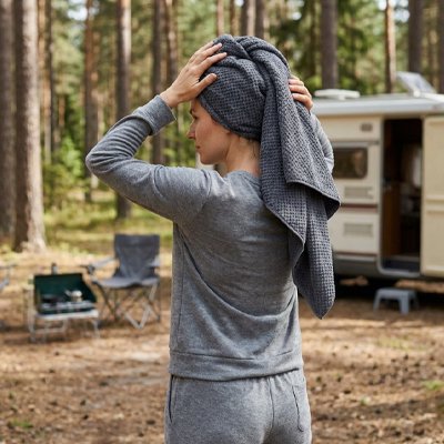 serviette de bain grise femme qui entoure ses cheveux