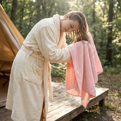 serviette de bain rose femme qui sèche ses cheveux 