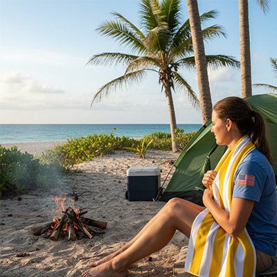 serviette de plage jeune femme près d'un feu de camp