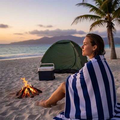 serviette de plage rayée bleue femme qui relaxe à la plage 