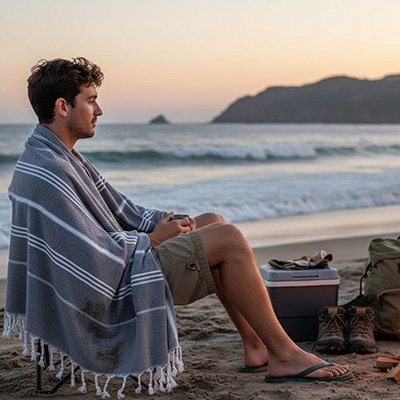 serviette grise homme reposant sur la plage 