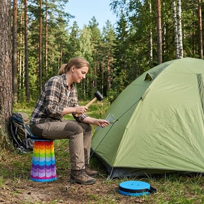 Tabouret pliable femme assise qui fixe son bivouac