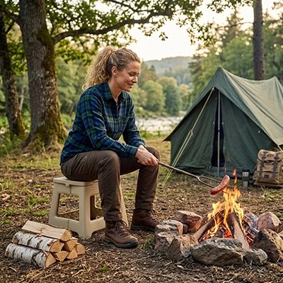 tabouret pliable femme qui cuit des saucisses au feu