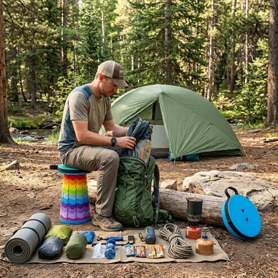 Tabouret pliable homme assis en camping qui organise son camp