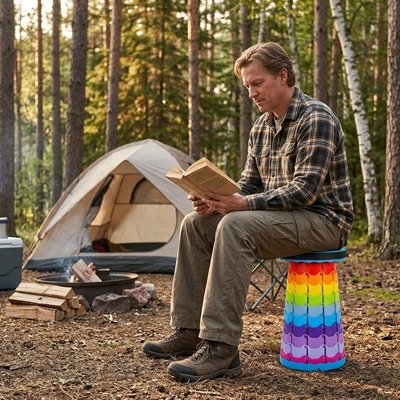 Tabouret pliable multicolore homme assis en camping