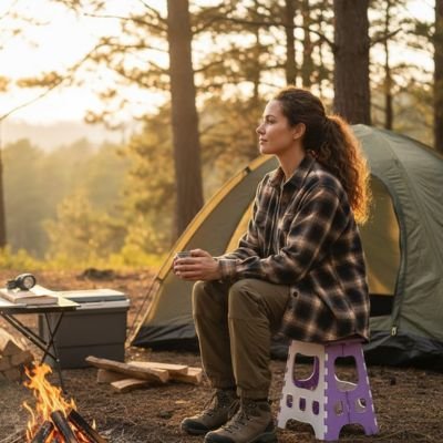 Tabouret pliant mauve femme assise en camping
