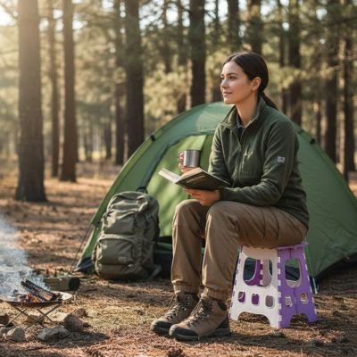 Tabouret pliant mauve femme en camping