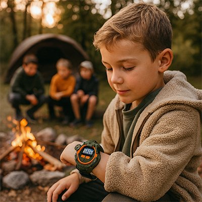 Talkie walkie enfant avec ses amis près du feu