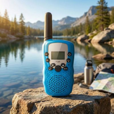 Talkie walkie enfant bleu près d'un lac