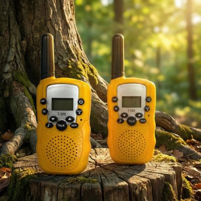 Talkie walkie enfant jaune en duo sur une souche