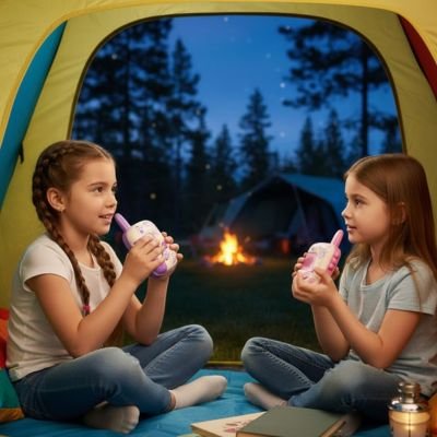 Talkie walkie enfant petites filles en discussions dans le bivouac