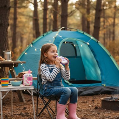 Talkie walkie enfant près d'un bivouac