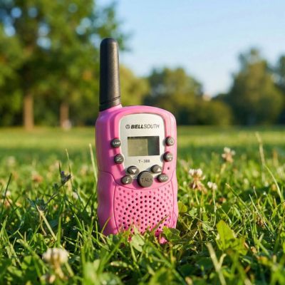 Talkie walkie enfant rose reposant dans l'herbe