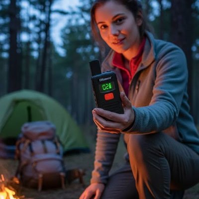 Talkie walkie femme qui nous le présente