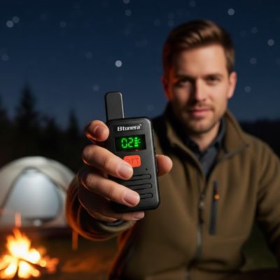Talkie walkie homme près de son bivouac