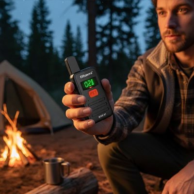 Talkie walkie homme près du feu