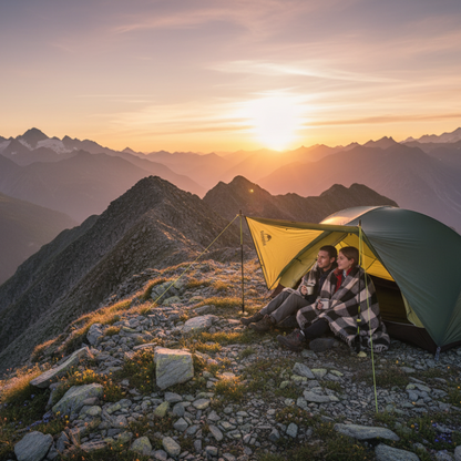 Tente au coucher de soleil sur une crête alpine
