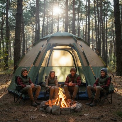 Tente camping en forêt avec famille au feu de camp