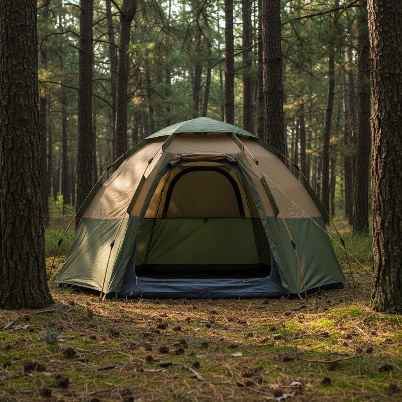 Tente camping hexagonale en forêt