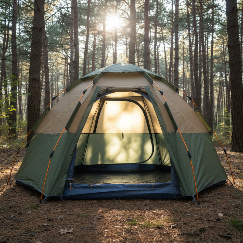 Tente camping hexagonale ouverte avant et arrière en forêt