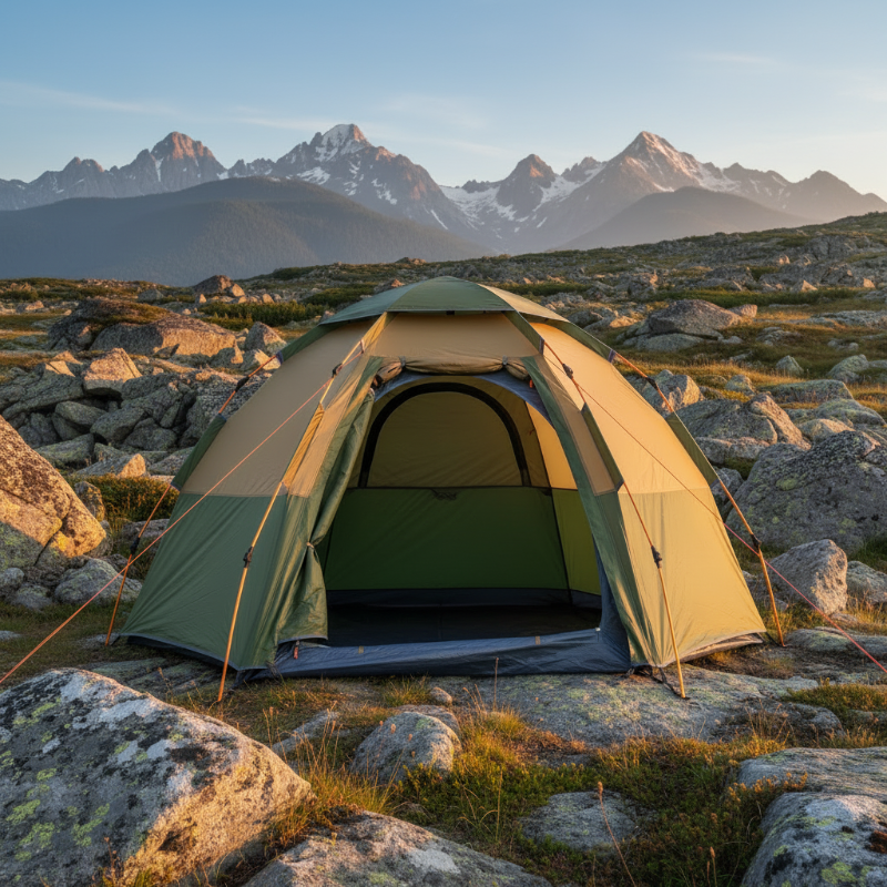 Tente camping hexagonale sur terrain rocheux