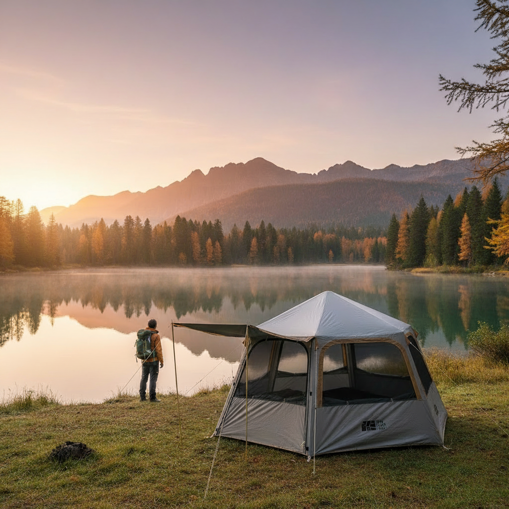 Tente de randonnée hexagonale lac montagne