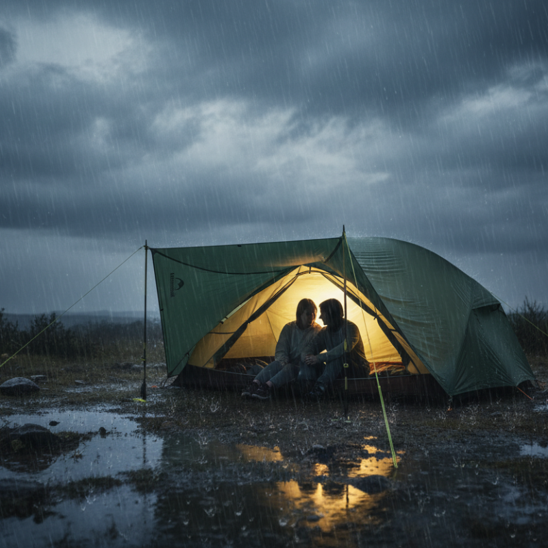 Tente sous la pluie avec deux personnes à l'intérieur