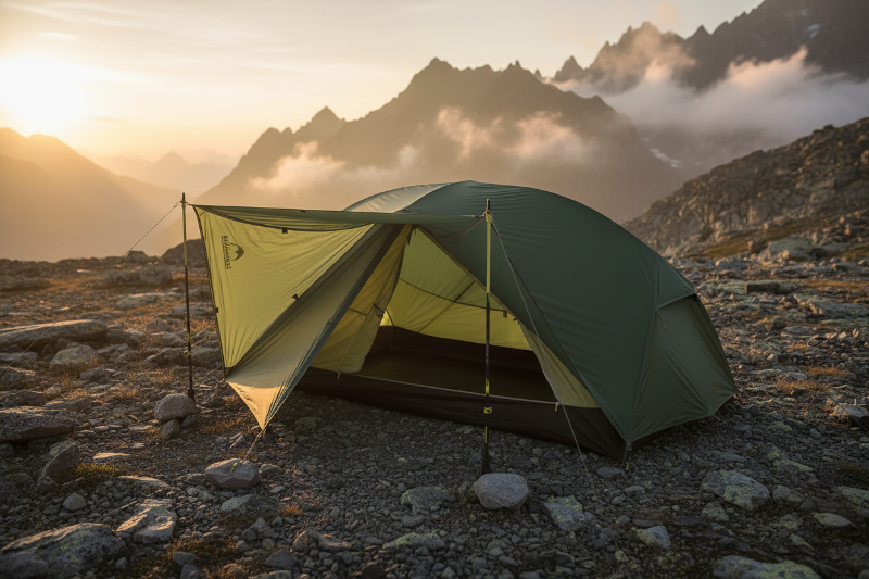 Tente tenue par bâtons de marche en montagne