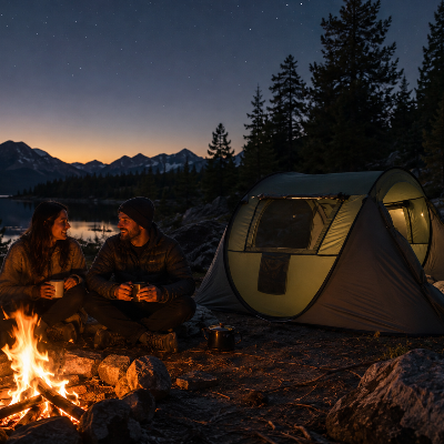 tente verte huit personnes couple en camping
