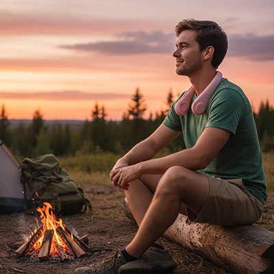 ventilateur cou rose en silicone homme en camping