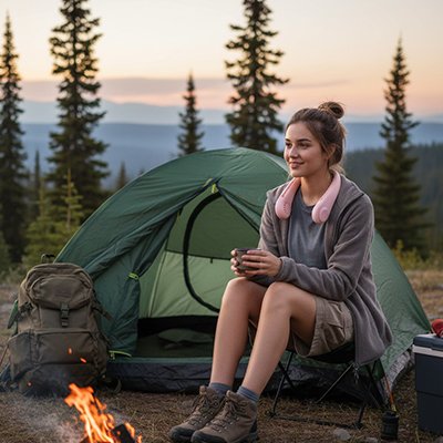 ventilateur cou rose en silicone souple femme en camping