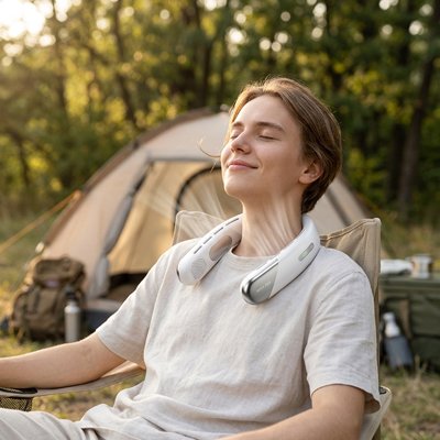ventilateur de cou​ blanc femme qui se repose sur une chaise de camping