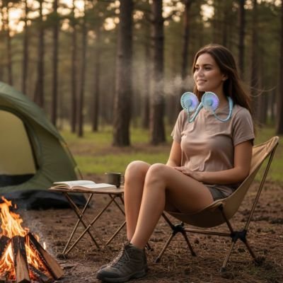 Ventilateur de cou​ femme a l'extérieur en camping