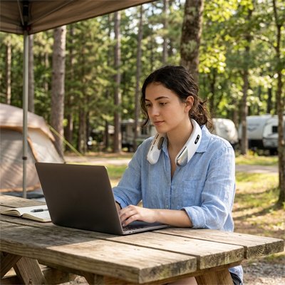 ventilateur de cou​ femme à l'ordinateur en camping