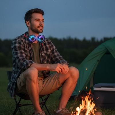 Ventilateur de cou​ homme a l'extérieur en camping