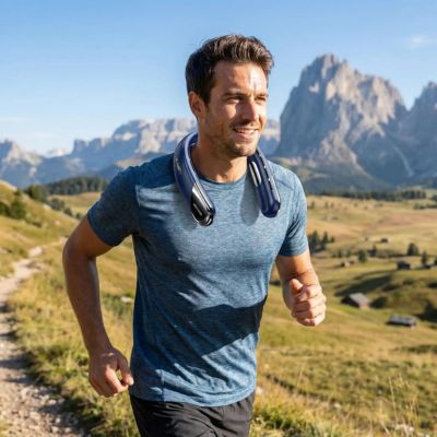 ventilateur de cou homme en jogging dans les alpes