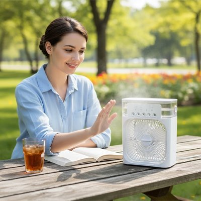 Ventilateur portable​ blanc femme assise sur la table de pique-nique