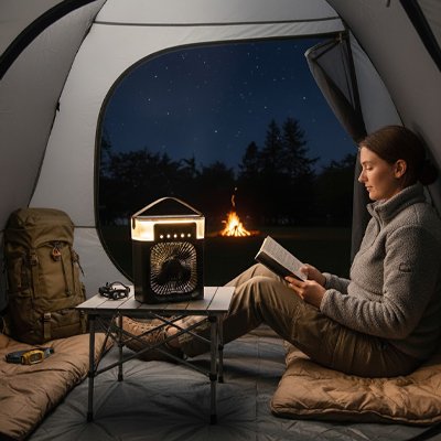 Ventilateur portable​ femme qui lit dans son bivouac avec la veilleuse
