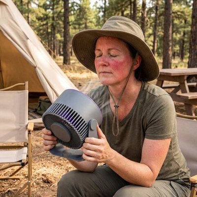 ventilateur portable​ gris avec anneau lumineux